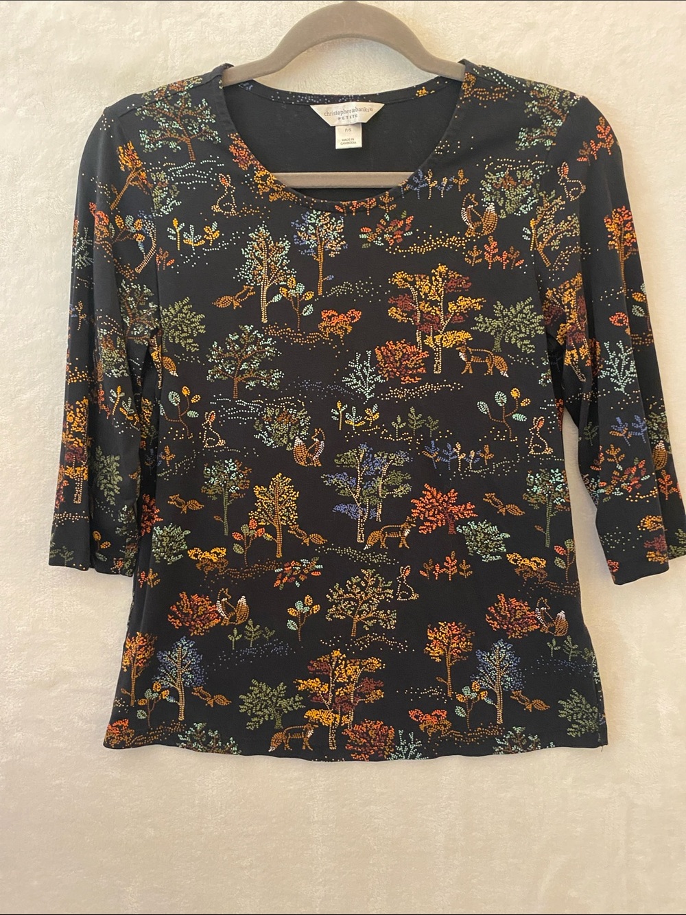 Christopher & Banks Black 3/4 Sleeves Tee with Multicolor Woodland Motif Fairy